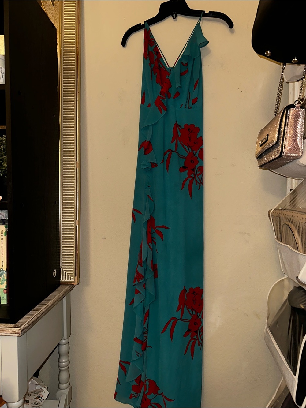 Fashion nova teal wrap style dress with red florals plus size 1X